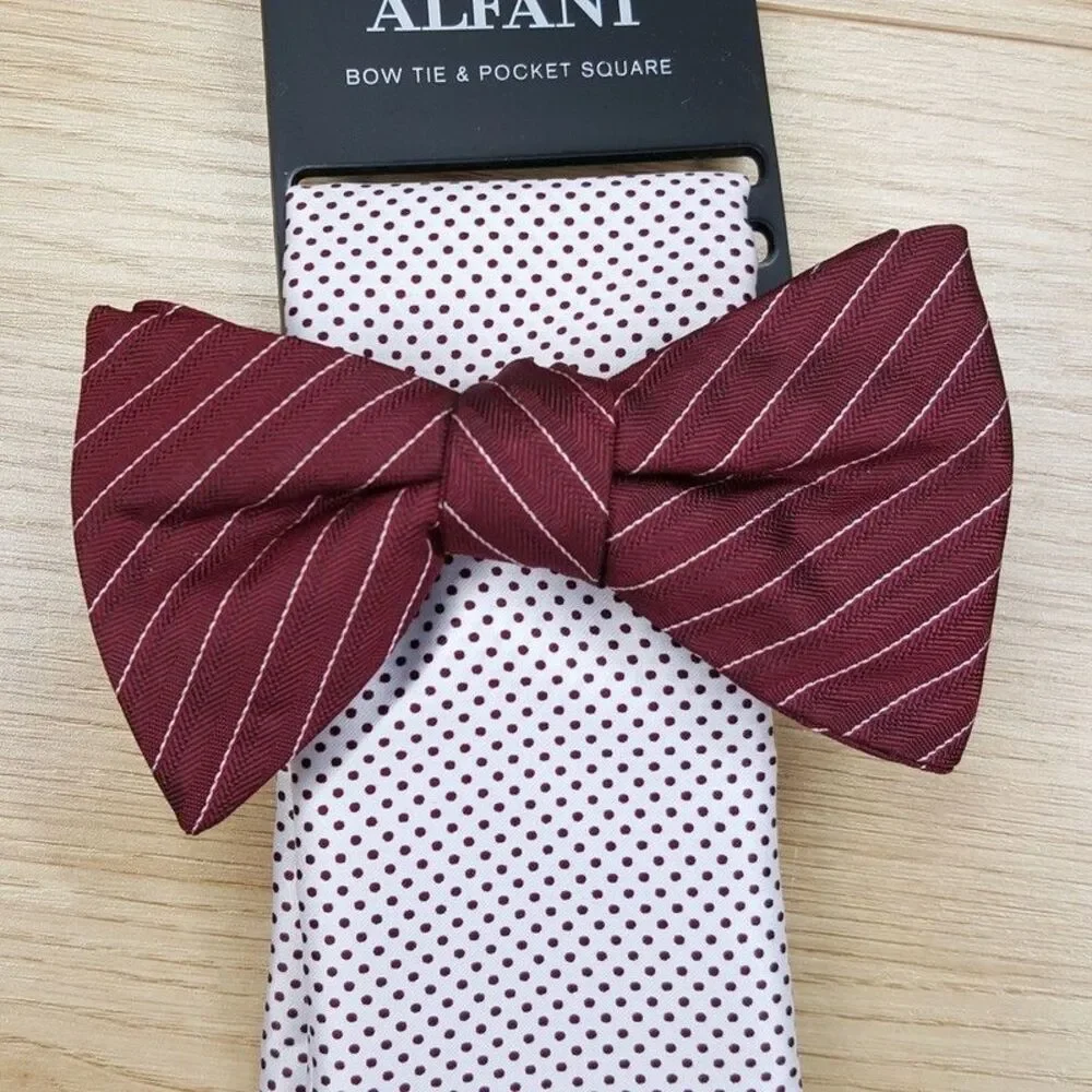 ALFANI Mens Bow Tie Burgundy Stripe Pre-tied & White Polka Dot Pocket Square Set